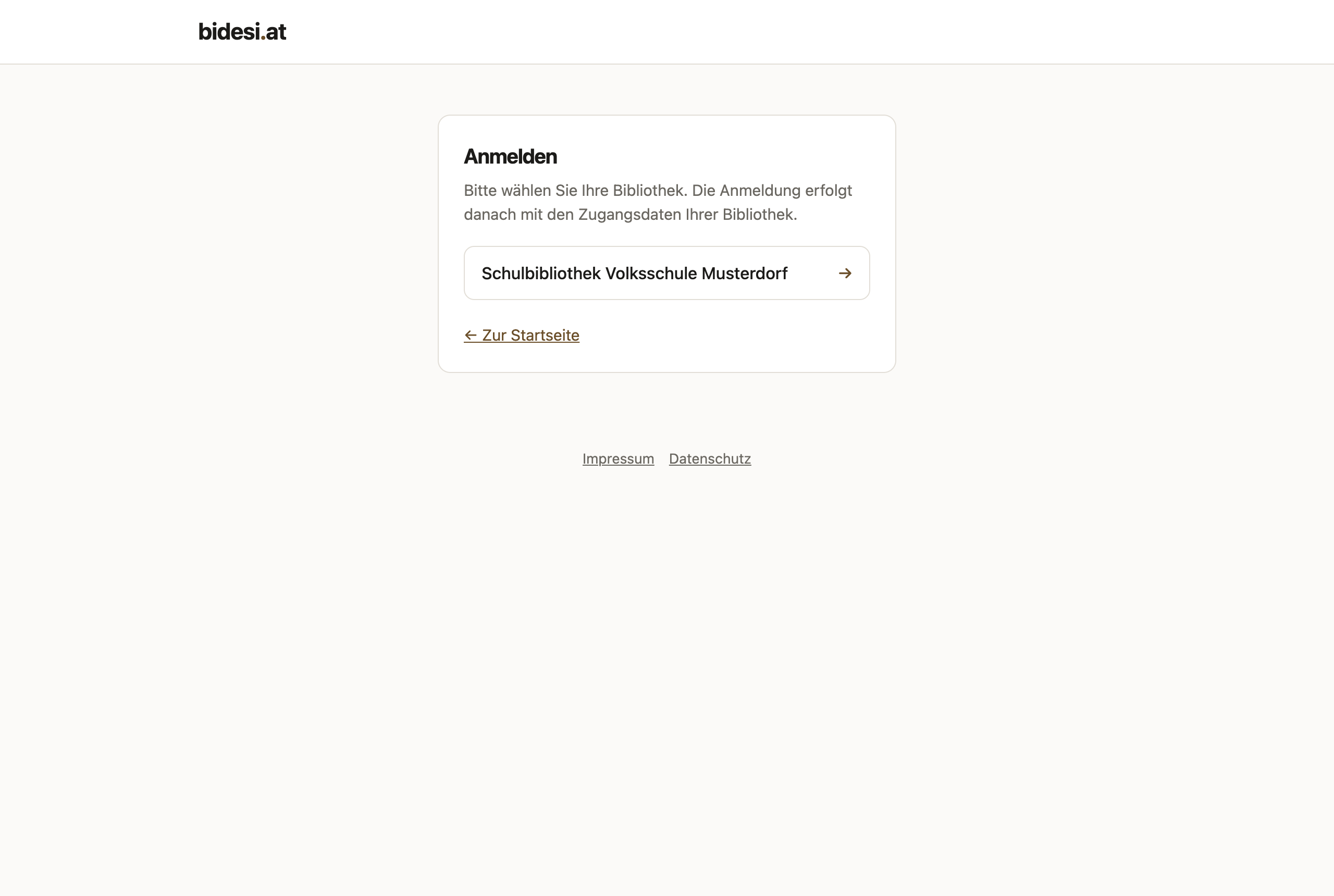 Auswahlseite mit der Liste der Bibliotheken