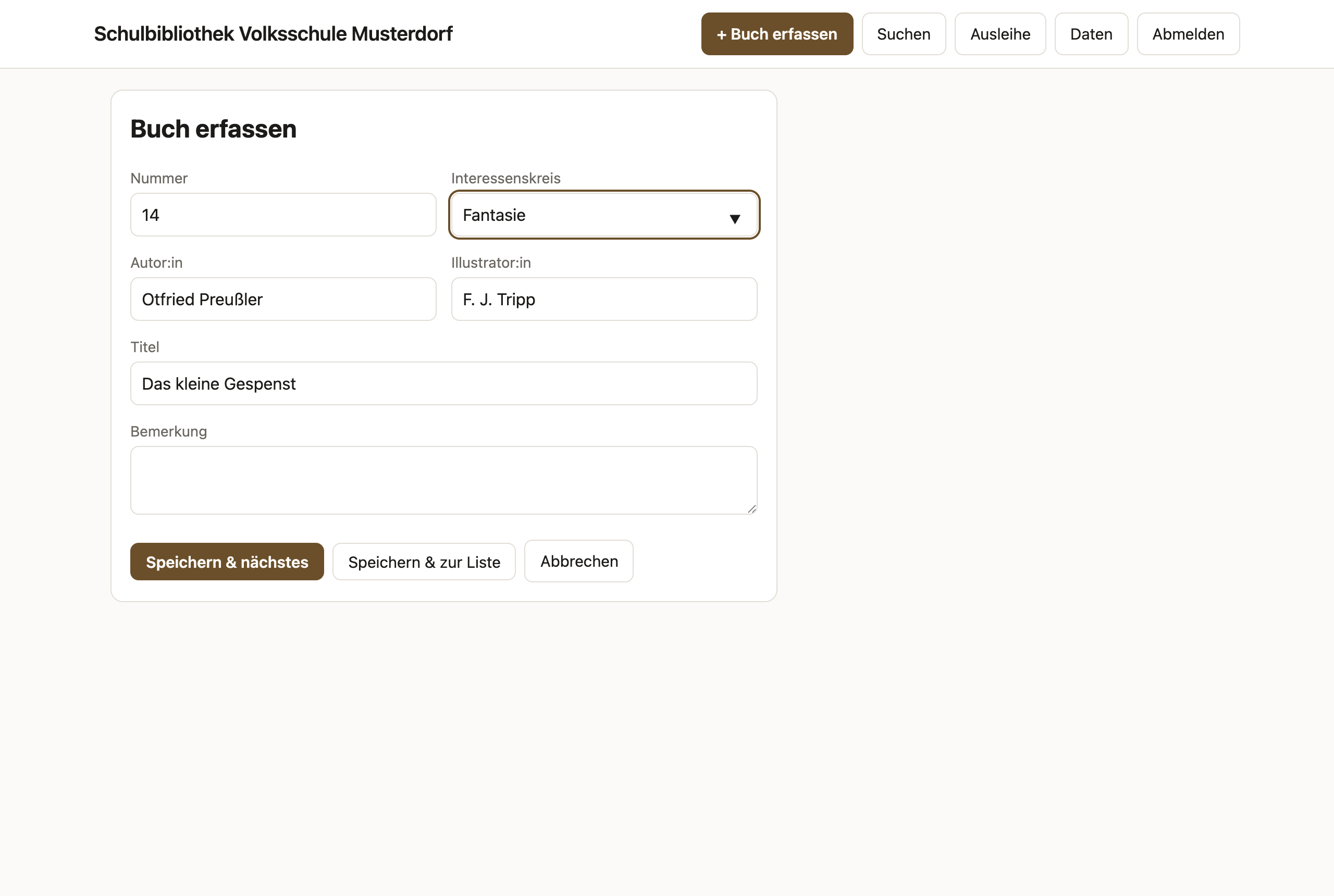 Ausgefülltes Erfassungsformular für Das kleine Gespenst
