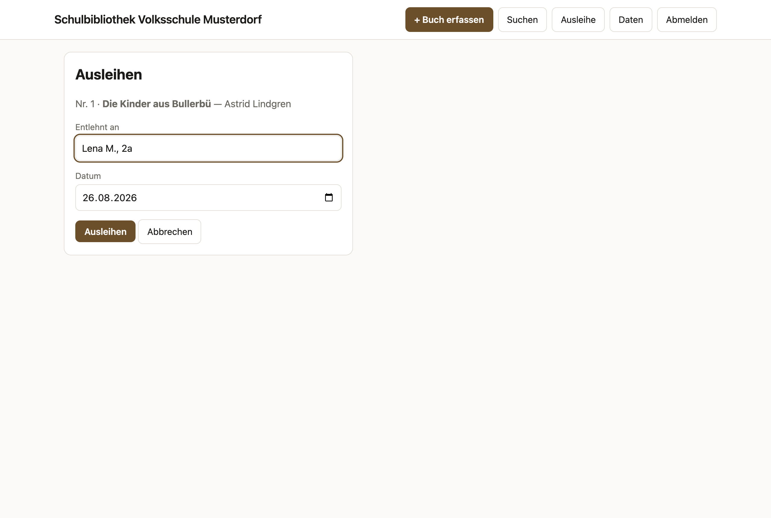 Ausleihdialog für Die Kinder aus Bullerbü an Lena M., 2a