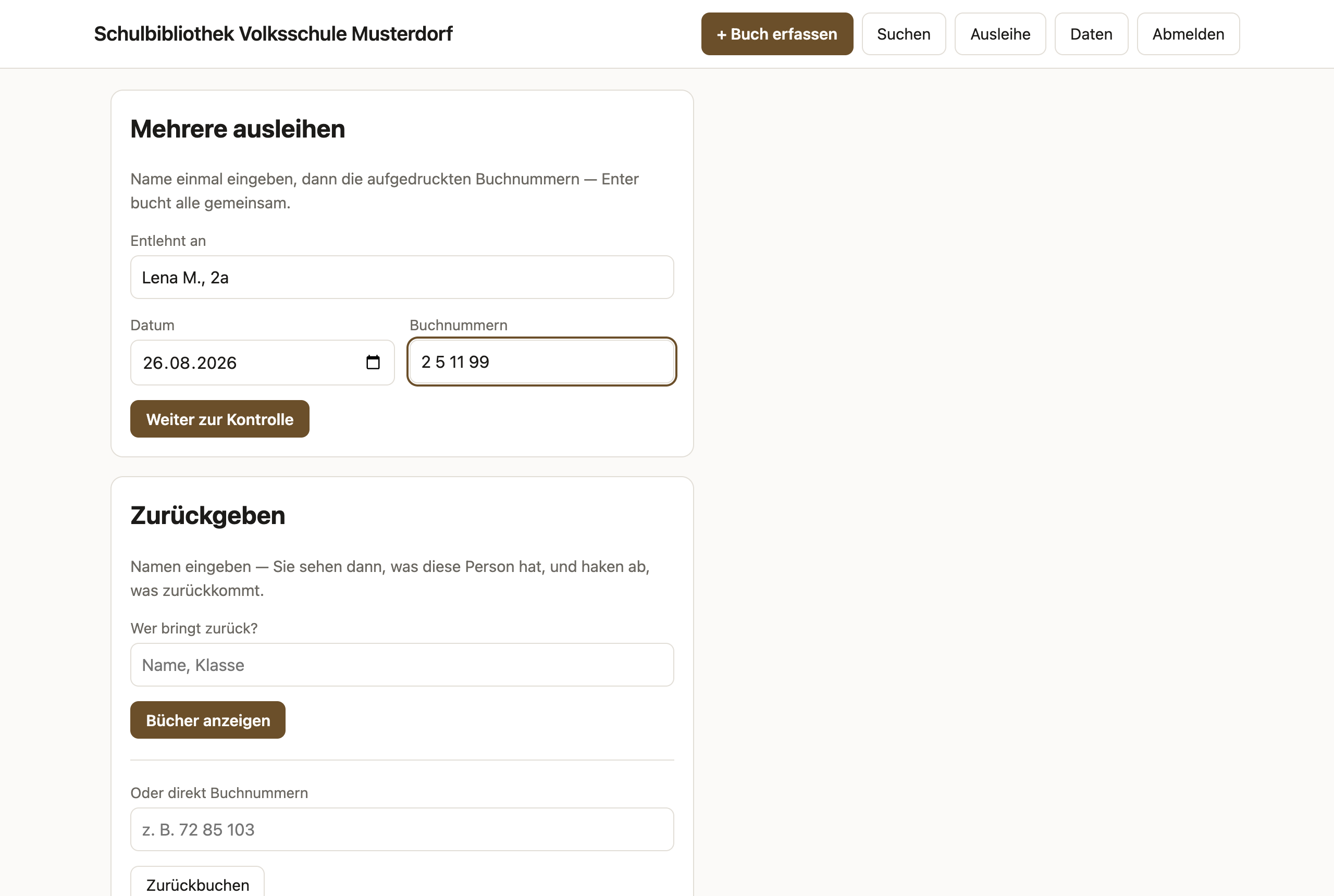 Sammel-Ausleihe: Name und mehrere Buchnummern in einem Formular