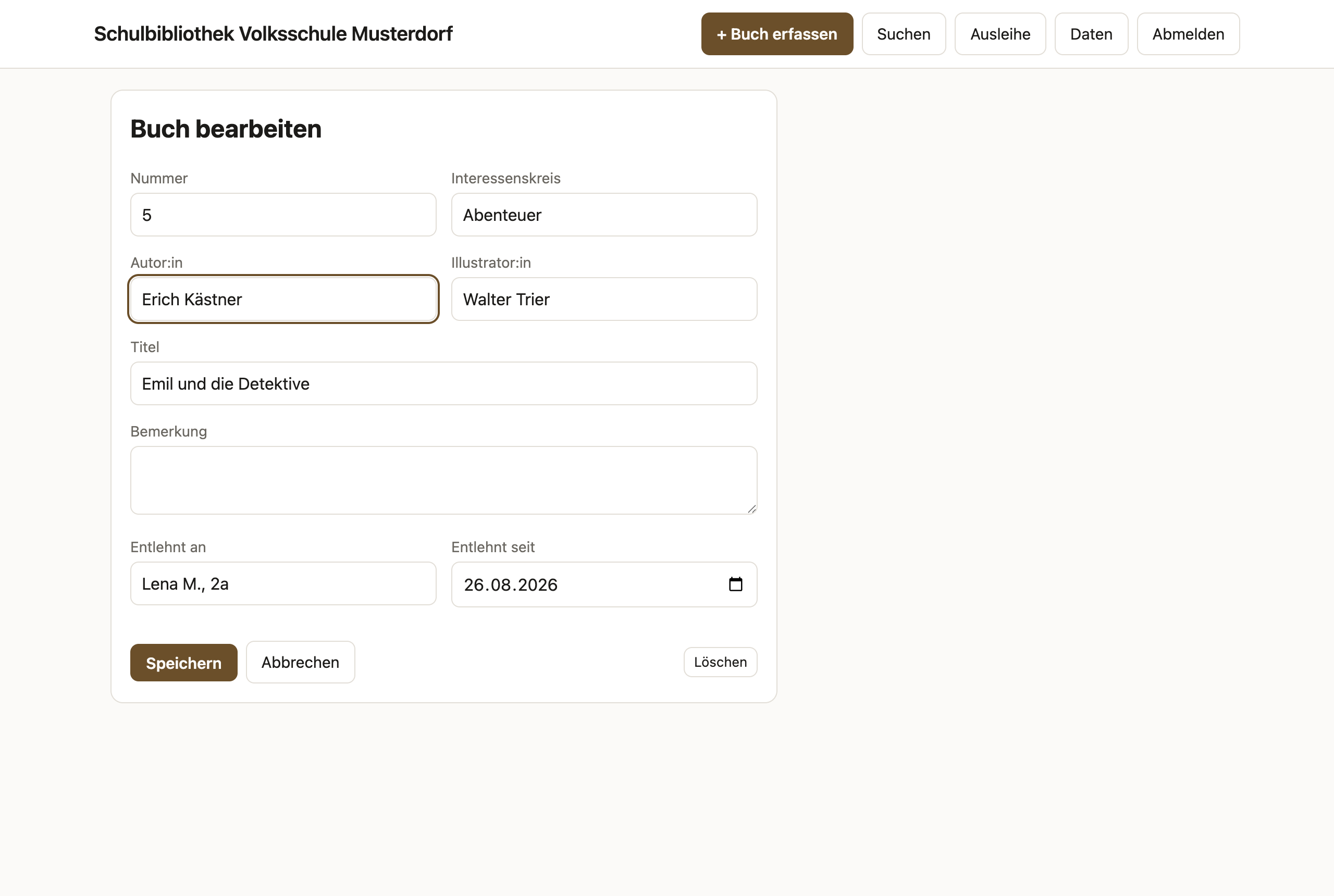 Bearbeiten-Formular mit Feldern für Ausleihe und Löschen-Knopf