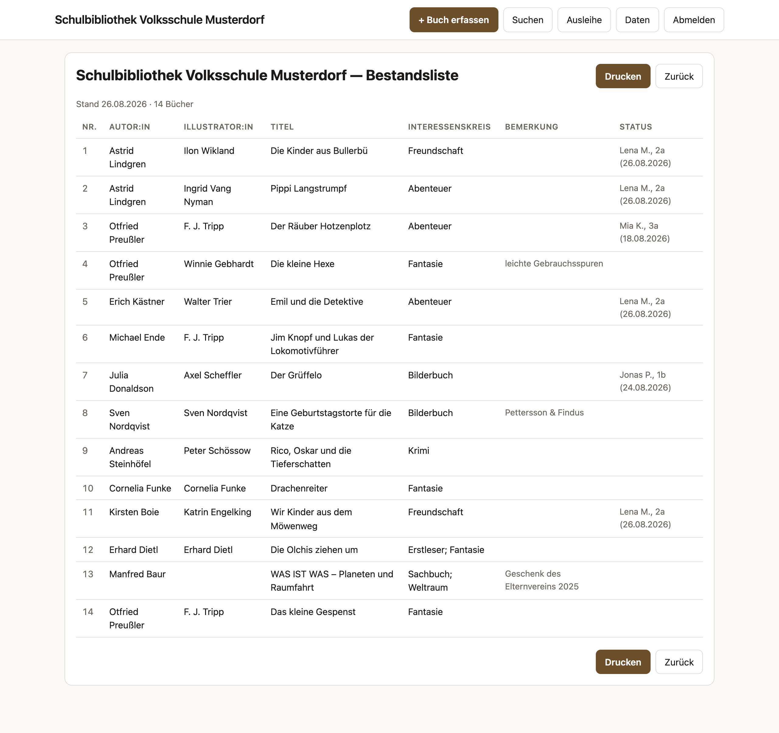 Druckansicht der Bestandsliste mit Statusspalte