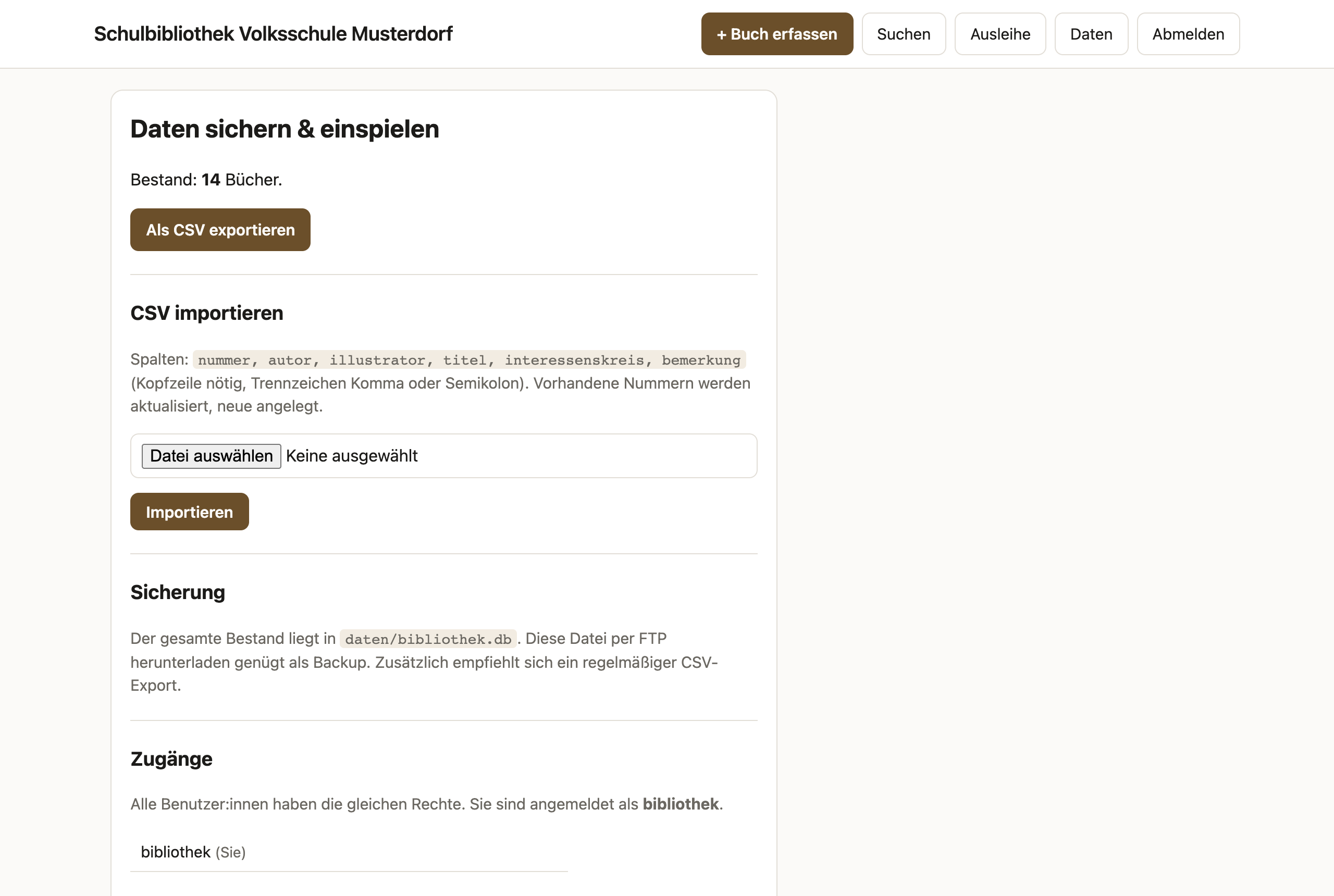 Daten-Seite mit CSV-Export, CSV-Import und Sicherungshinweis